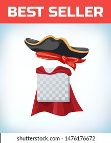 Vintage pirate hat. Masquerade costume headdress. Carnival or Halloween mask. Cartoon Vector illustration. Red cape