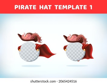 Vintage pirate hat. Masquerade costume headdress. Carnival or Halloween mask. Cartoon Vector illustration. Red cape. Cartoon template.