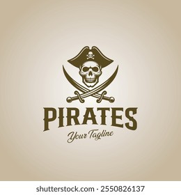 Vintage pirate logo featuring a skull wearing a hat with crossed swords, conveying adventure and mystery.