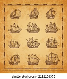 Vintage pirate sail ships and sailboats. Old vessel frigate, brigantine and caravel sketch. Ancient map hand drawn element, nautical travel, geographical discoveries era engraved vector battleship svg