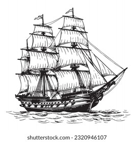 Vintage pirate ship sketch hand drawn in engraving style illustration