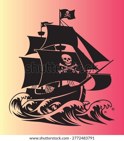 Vintage pirate ship with skull flag sailing on waves illustration design