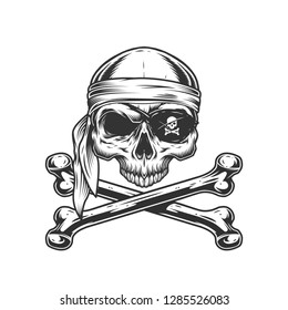 Vintage pirate skull without jaw in bandana and eye patch with crossbones isolated vector illustration