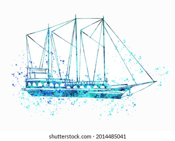 Vintage pirates ship. boat in blue splashes and spots. Hand drawn vector illustration on white.