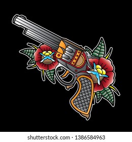 vintage pistol flash tattoo, vector EPS 10