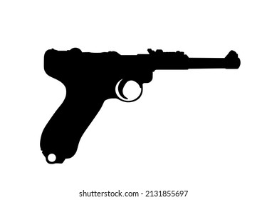 Vintage pistol Luger Parabellum P 08 gun vector silhouette illustration isolated on white background. WW2 Germany officers personal weapon. Military war operation in Second War symbol.
