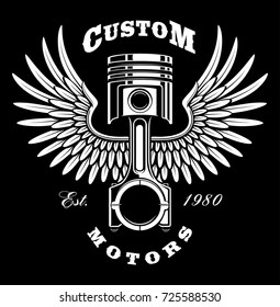 Vintage piston with wings. Vintage style. VERSION ON DARK BACKGROUND. Text is on the separate layer.