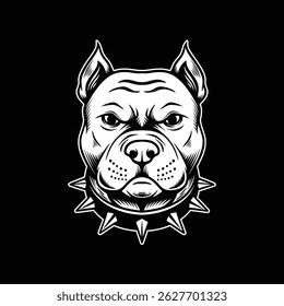 Vintage Pitbull Head with Spiked Collar, Black and White Line Art Dog Illustration