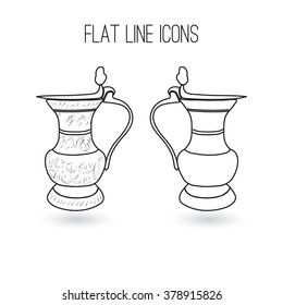 Vintage pitcher. Set of black flat linear icons on white background. Vector.