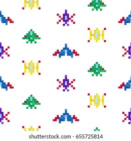 Vintage pixel art background. Seamless pattern of vector pixel spaceships. Retro video games icons on white background. Digital design 80th.