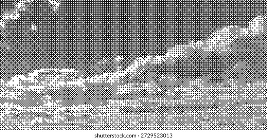 Vintage pixel art bitmap texture. Black and white pixel cloud pattern in retro game style
