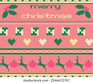 Vintage Pixel Art Christmas Design with Holly, Hearts, Reindeer, and Baubles on a Soft Pink Background