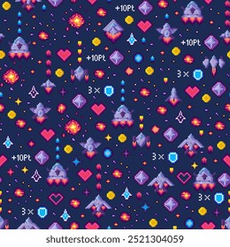 A vintage pixel art design with spaceships, hearts, stars, and various game elements such as points and shields on a dark background. Ideal for game design, digital art, retro themes, sci-fi decor