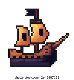 Vintage pixel art of a sailing ship with two masts and a waving flag on a calm sea backdrop