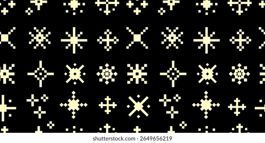 Vintage Pixel leuchtendes Sternmuster. Nahtloses Pixelmuster mit leuchtenden Retro-Sternen, Funkeln, Lichtstrahlen, für Vintage-Hintergrund, digitale Kunst, Retro-Tapeten, Textildesign, Printpapier.Vektorgrafik 