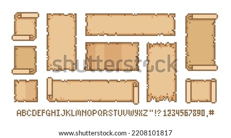 Vintage pixel ribbons and scrolls in 8-bit game style. Ancient manuscripts, blank parchment banners. Retro game assets. Editable vector