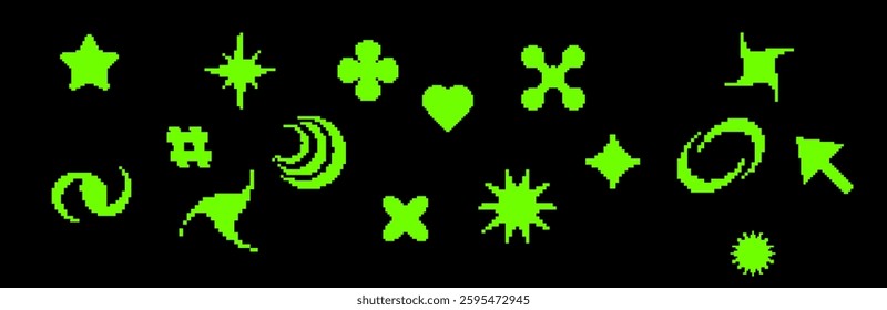 Vintage pixel set with icons such as hearts, cursors, and abstract lines, designed for retro digital themes and 90s computer game aesthetics.