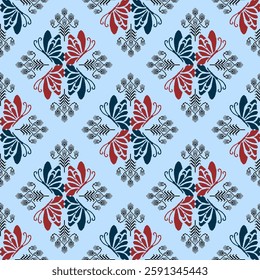 Vintage Pixel Textile Design Featuring Ornamental Butterfly-Inspired Floral Motifs and Geometric Details