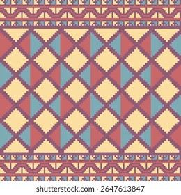 Vintage Pixel Tribal Seamless Pattern  Palette.Geometric tribal pattern with a pixel-art style using a Desert Clay Turquoise Sand color palette. Ideal for textiles, background