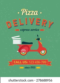 Vintage pizza delivery poster with old typography and red moto bike