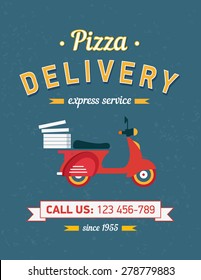 Vintage pizza delivery poster with old typography and red moto bike