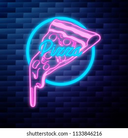 Vintage pizza emblem glowing neon