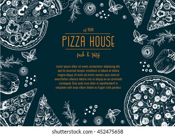 Ilustración vectorial de marco de pizzas antiguas. Mano dibujada con tinta. Plantilla de diseño de pizza.