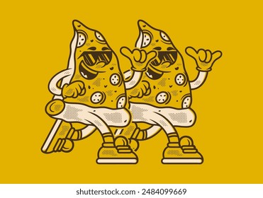 Vintage pizza mascot character illustration in running pose