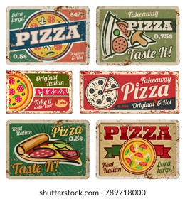 Vintage pizza metal signs with grunge texture vector set. Retro food posters in 50s style. Banner pizza food grunge style, poster vintage for restaurant pizzeria illustration