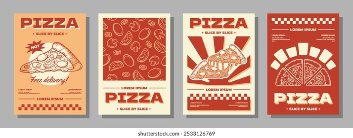 Vintage Pizza Poster Design Collection Com Ilustrações Clássicas, Tipografia Negrito e Cores Retro-Inspiradas.