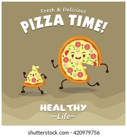 Vintage Pizza poster design with vector pizza character. 