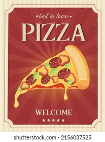 Vintage pizza poster  with shabby texture. Fast food sign. Vector graphics	