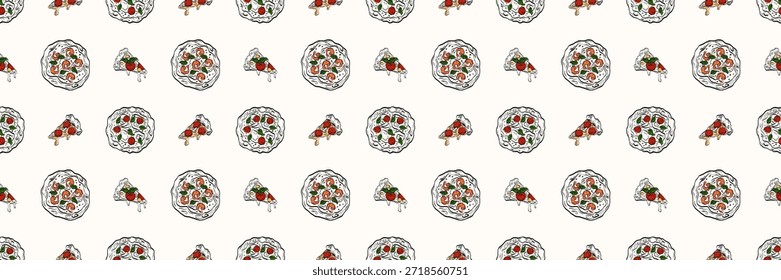 Patrón de pizza Antiguas sin fisuras con rebanadas de margarita, tomate, albahaca y mozzarella. Ideal para la marca de pizzerías, fondos de menú y diseños de envases de alimentos italianos.
