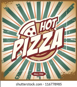 Vintage pizza sign, background, template or box design. Retro vector layout. Pizzeria or Italian restaurant sign concept.