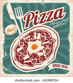 Vintage pizza sign, background, template or box design. Retro pizzeria poster on old paper texture.