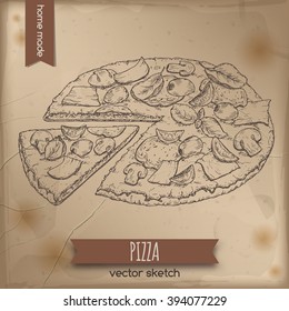 Vintage pizza sketch placed on old paper background. Great for market, restaurant, cafe, food label design. 