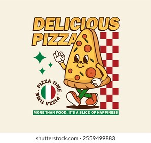 vintage pizza slice cartoon character for graphic t-shirt, hoodie, posters, stickers, merchandise, and more