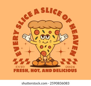 Vintage pizza slice cartoon character, hand drawn in a retro style for restaurant branding, menu designs, posters, T shirt designs, stickers, and apparel