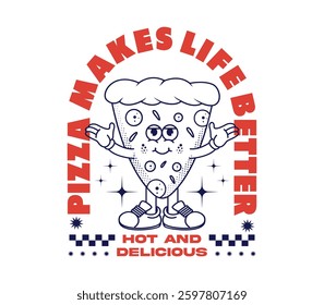 vintage pizza slice cartoon character design, mascot illustration, and vector clip art for t-shirts, stickers, and more