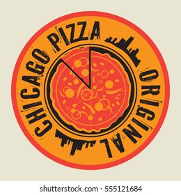 Vintage Pizza stamp or tag with text Chicago Pizza, vector illustration