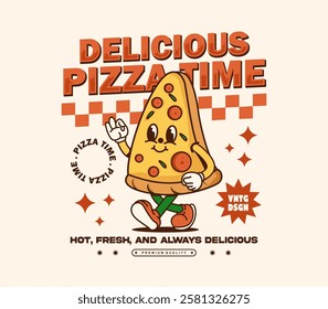 vintage pizza time cartoon mascot character for graphic t-shirt, hoodie, posters, stickers, merchandise, and more