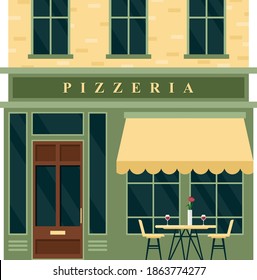 Vintage pizzeria cafe restaurant house building facade vector illustration. Cartoon European city street with building green exterior, front entrance door, big windows and signboard restaurant