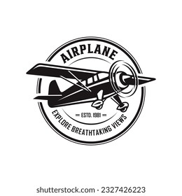 Vintage plane aviation badge logo template. Vector hand sketched aviation illustration in engraving style for logo, label, emblem, sign. Vector illustration