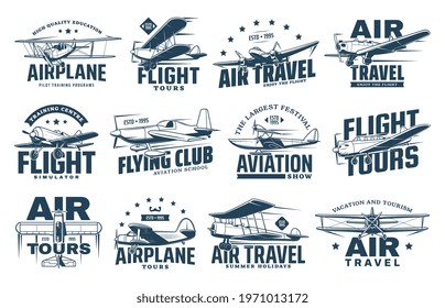 Vintage plane isolated vector icons of air travel, retro aircraft and passenger airline design. Airplane, biplane, monoplane and seaplane symbols with propellers, pilot control wheels and stars