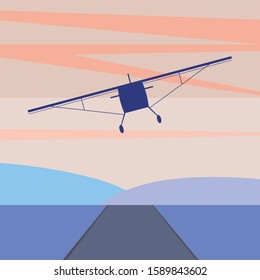 A vintage plane in the sky at sunset over the runway. A vector stock illustration with a propeller retro flat plane as a concept of freedom of travel