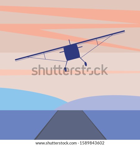 A vintage plane in the sky at sunset over the runway. A vector stock illustration with a propeller retro flat plane as a concept of freedom of travel