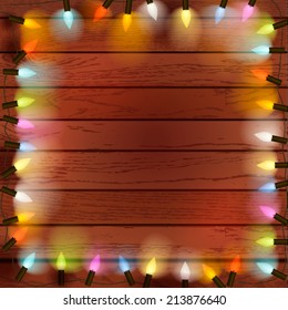 Vintage planked wood with lights. Vector Illustration.