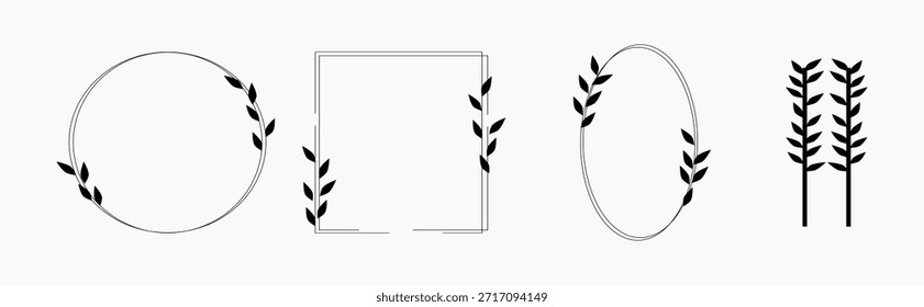 A vintage plant frame set, including circle, square, line, and oval shapes, creating a rustic, botanical design collection.
