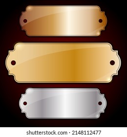 vintage plaques made of three different metals on a burgundy background. vector illustration.