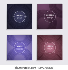 Vintage plate music album covers collection. Semicircle curve lines patterns. Tech plate music records covers, vinyl album mockups. DJ records disc vector mockups. Banners flyers cards set.